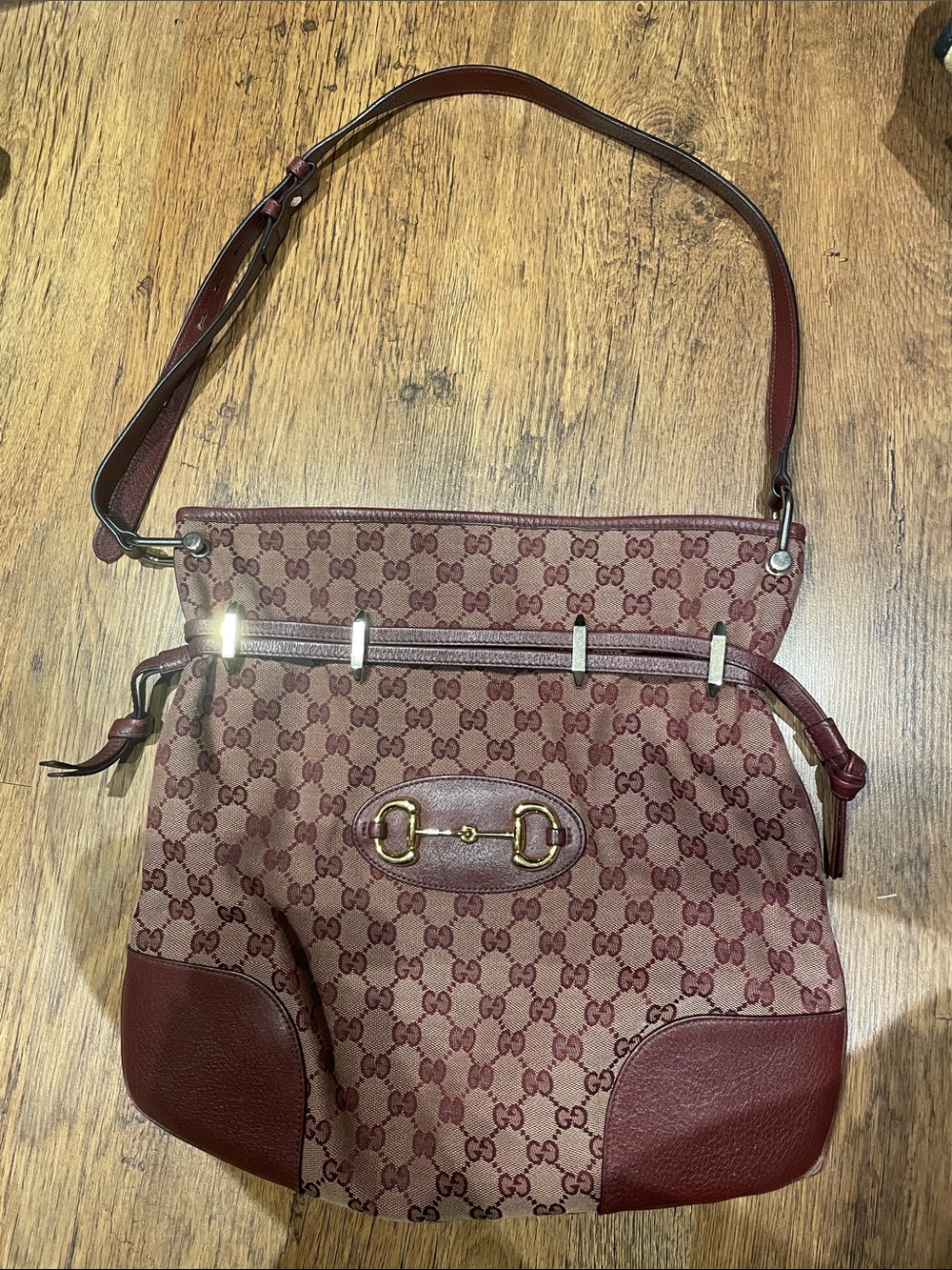 Gucci Maroon GG Supreme Shoulder Bag with Horsebit Detail